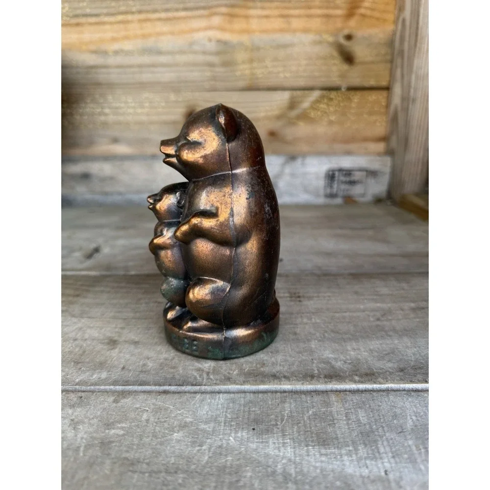 Vintage Three Little Pigs Cast Metal Piggy Bank Coin Worn Copper Tone Finish USA